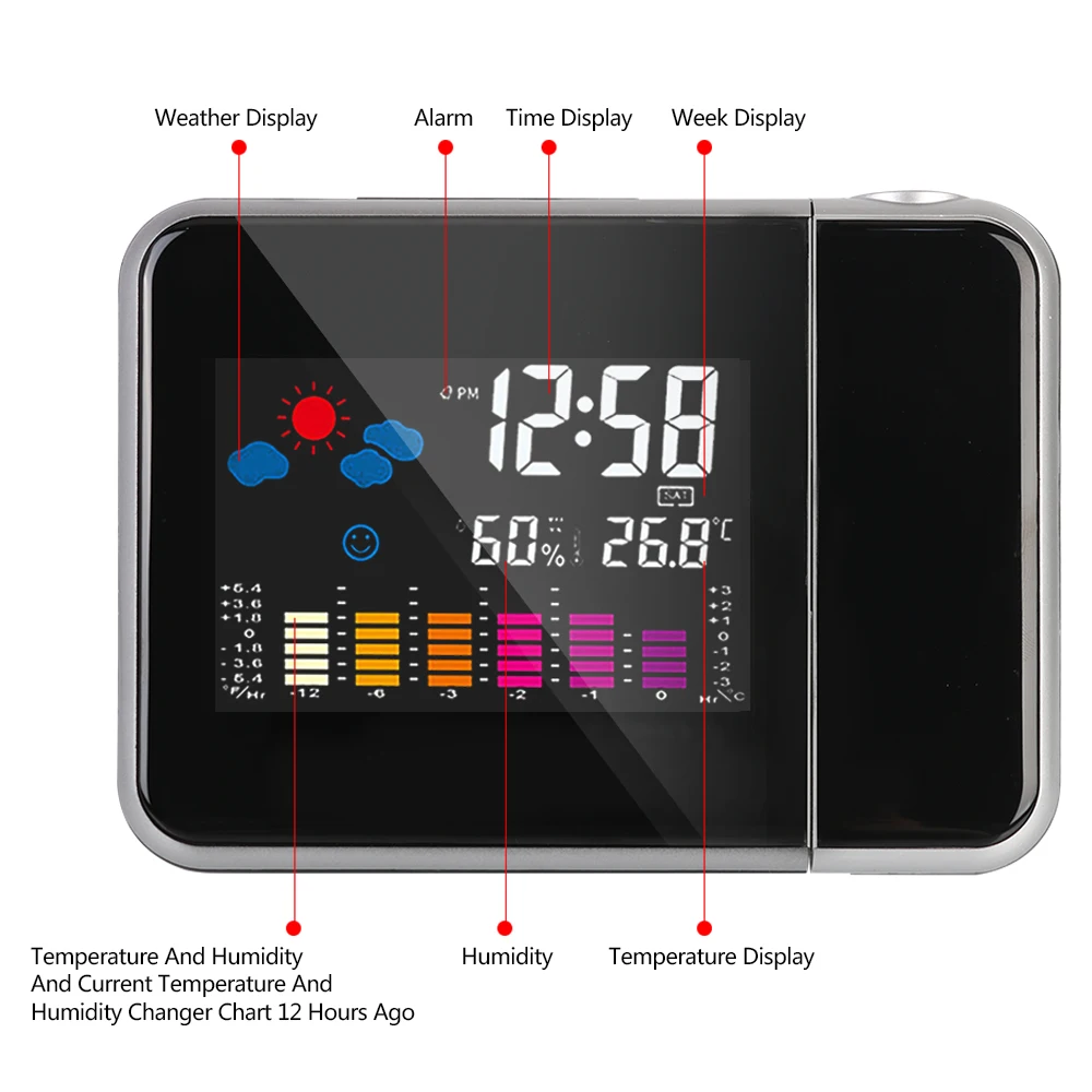 LED Temperature Humidity Weather Forecast Snooze Digital Alarm Clock Rotatable Table Clock With Time Projection Weather Station