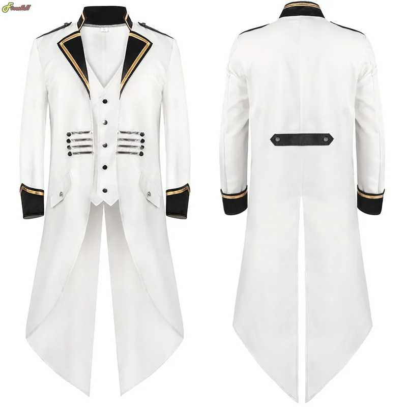 Medeival Halloween Tuxedo Men's Gothic Jacket Steampunk Tailcoat Long Coat Party Cosplay Costume Frock Gold Trim Fit Coat