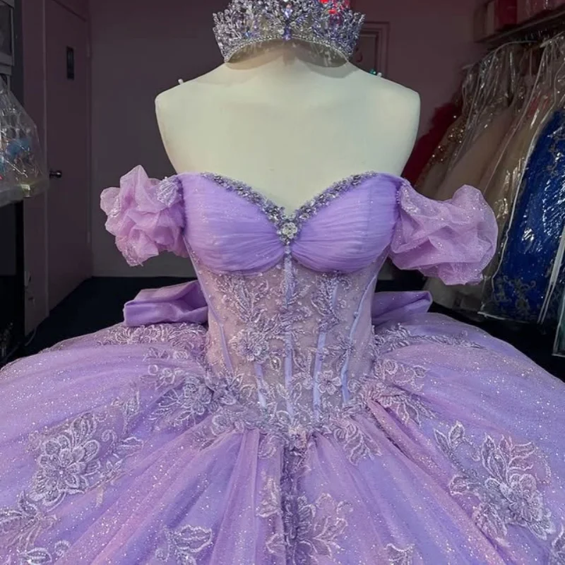 

Customized Shiny lavender Quinceanera Dresses Off the Shoulder glitter applique Tull Long tail Bow Vestido 15 Quinceanera
