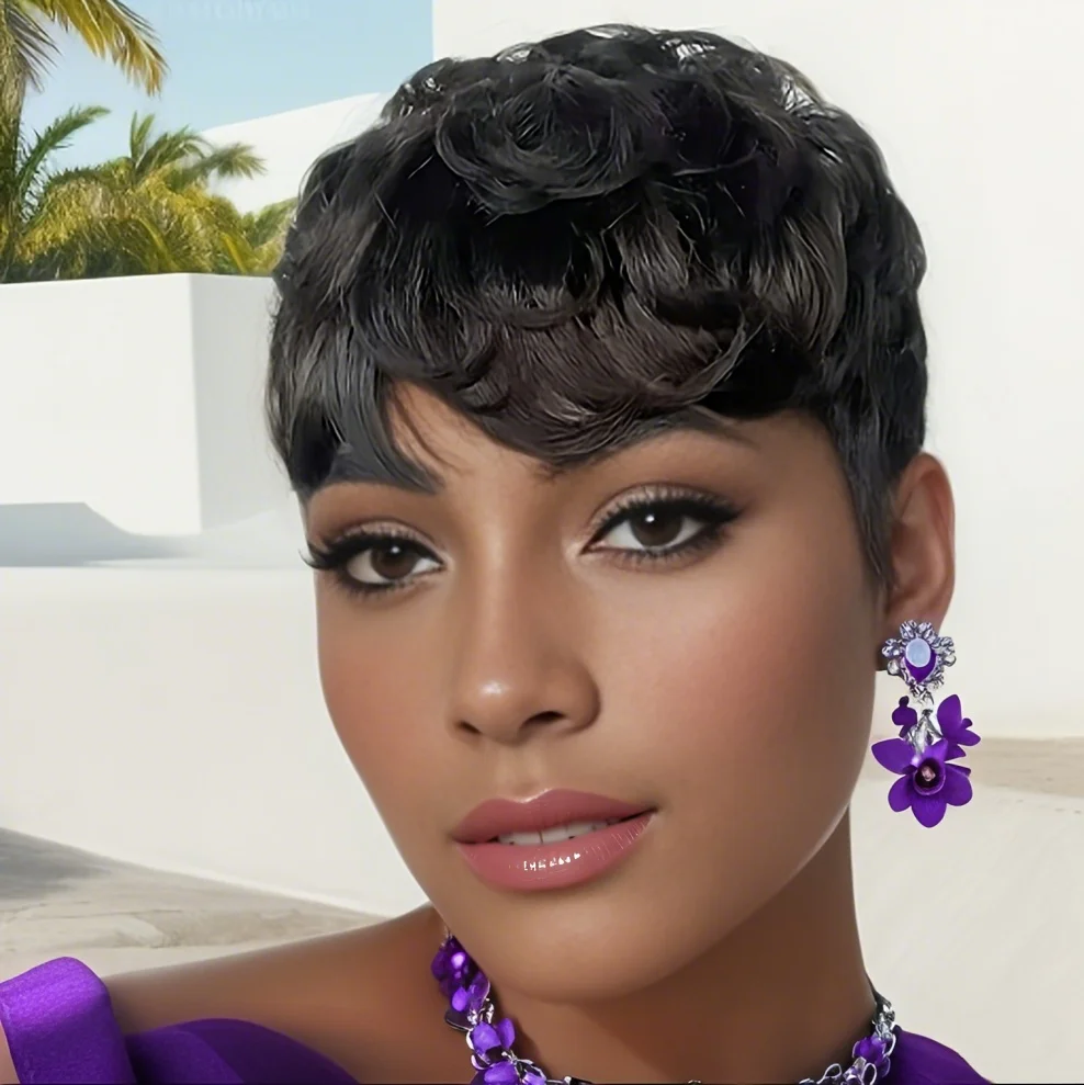 

6inch Natural Black Color Short Curly Pixie Cut Human Hair Wig for Women 180% Density Machine Made Wig