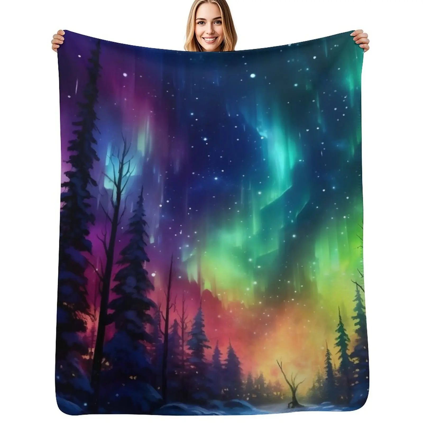 

Aurora Borealis Enchanted Glowing Neon Forest Throw Blanket halloween Quilt Retros Hairys Blankets