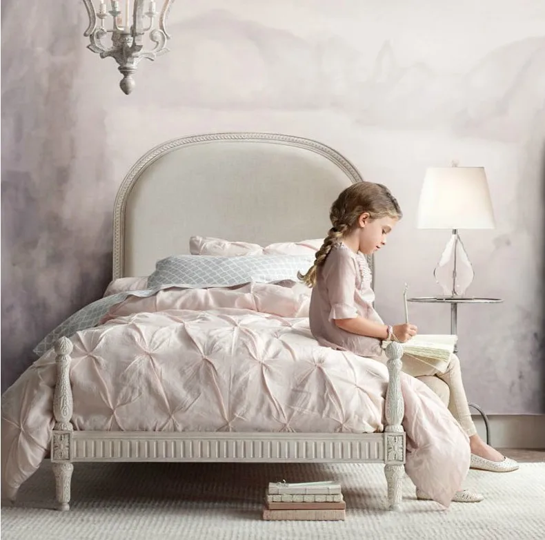 European-style Solid Wood Carved Children's Bed French Oak Vintage White Princess Girl Bed Bedroom 1.2/1.5m Single Bed Custom