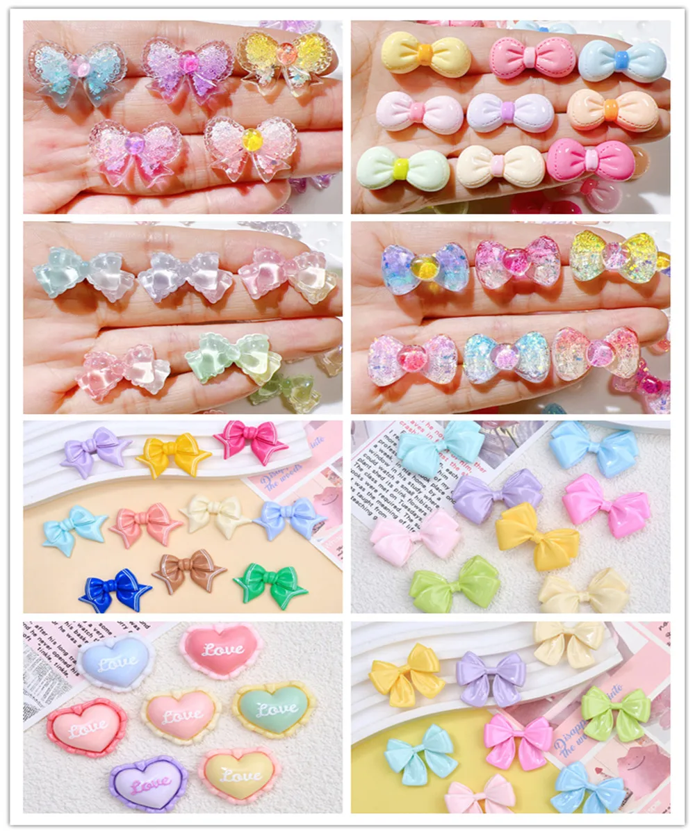 

100pcs Cute ​Heart Glitter Bowknot Flatback Resin Scrapbooking DIY Hair Bow Phone Case Decor Craft Accessories
