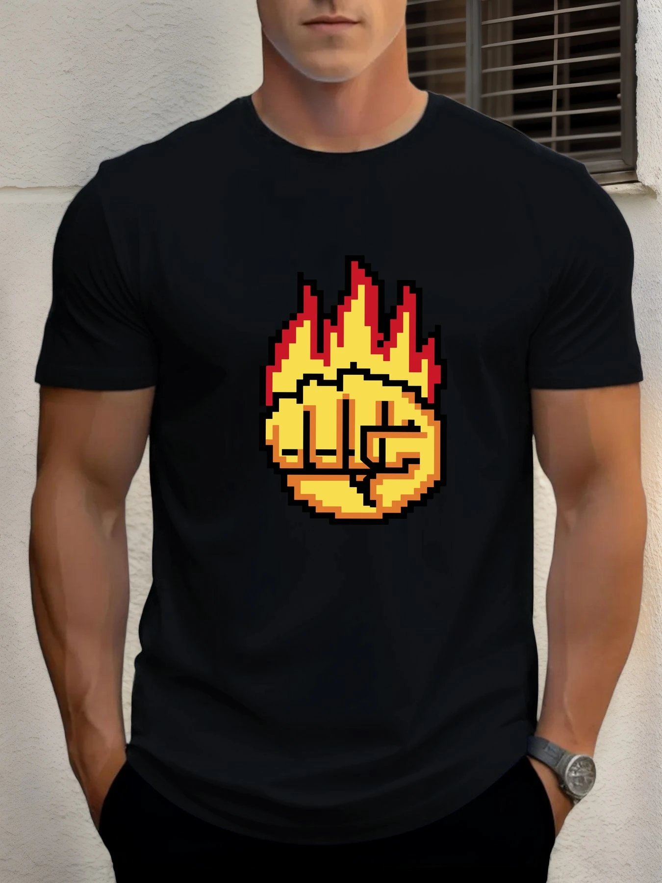 

2025 Summer Men's Cotton T Shirt Flame Fist Trendy Print Round Neck T-Shirt Casual Breathable Street Style Daily Top