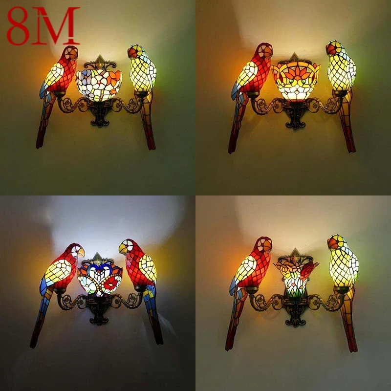 

8M Tiffany parrot Wall Lamps American countryside Children's room Homestay Villa Hotel Stained Glass Animal Decoration Lamp