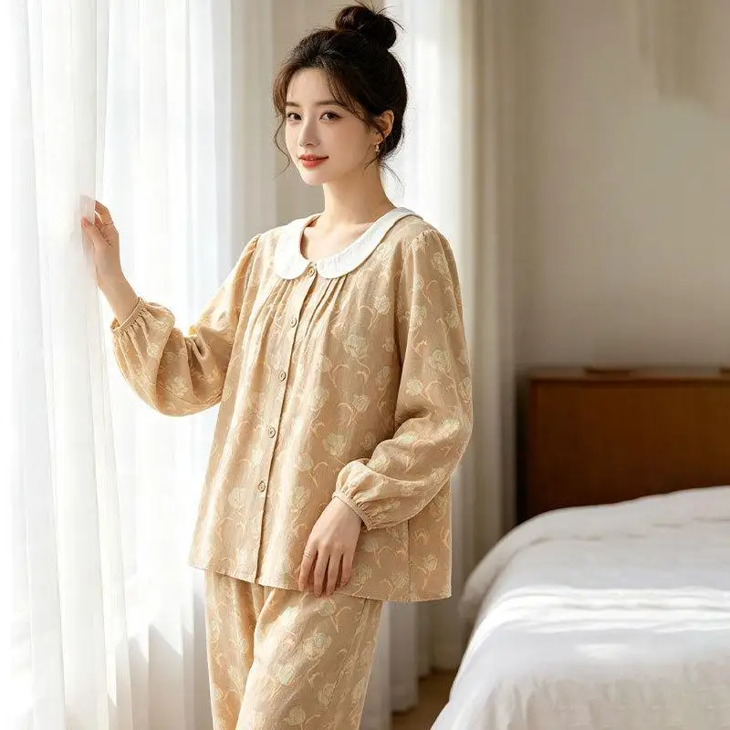 Women's Long Sleeve Long Pants Pajama Set Women's Spring Autumn Cardigan Home Clothes Sweet Student Fashion Soft Two-Piece Set