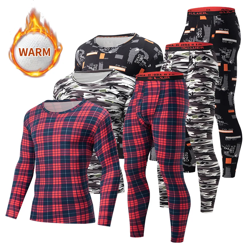 

2-piece Men's Autumn And Winter Warm Underwear Set With Grid Camouflage Printing Sports And Casual Autumn Clothes And Pants