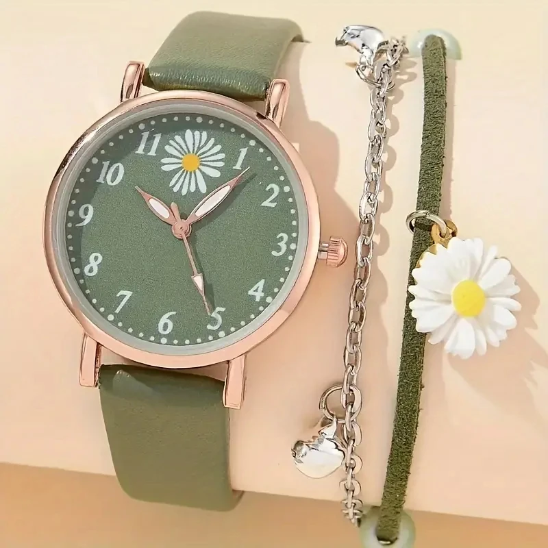 2pcs/set  Fashionable Casual Round Watch+Daisy Bracelet Set, Especially Suitable As An Elegant Gift for Women，Ladies' Watch Set