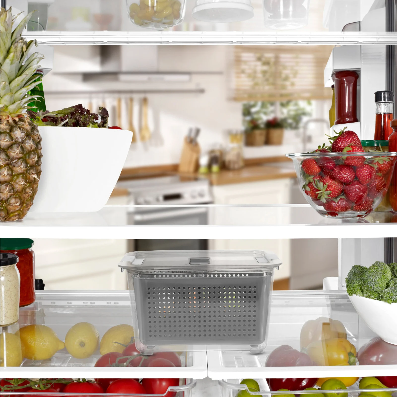 

Airtight Food Containers Crisper Keeper Fresh Vegetable Box Drain Vent Partition Design Fruits Vegetables Meat Storage Sealed