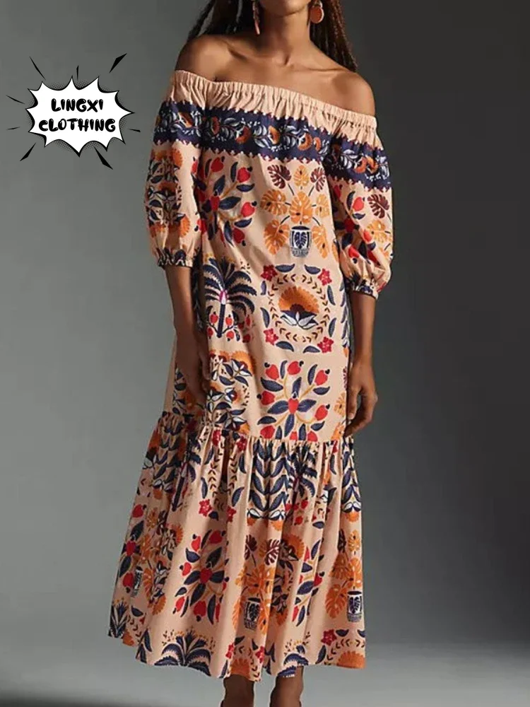

2024 Summer Fashion New Women's Retro Print Off Shoulder Loose Fitting Dress Bohemian Retro Elegant Wrapped Chest Long Dress
