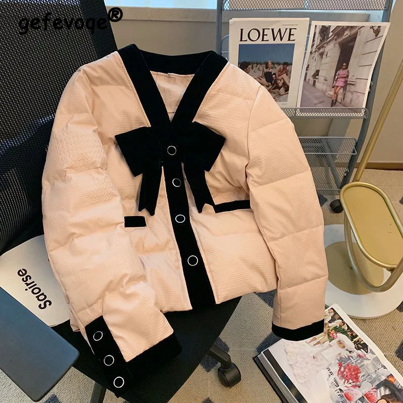 2023 Women Winter Trendy Pink Patchwork Bow Chic Sweet Parkas Female Elegant V Neck Button Jackets Long Sleeve Loose Cotton Coat