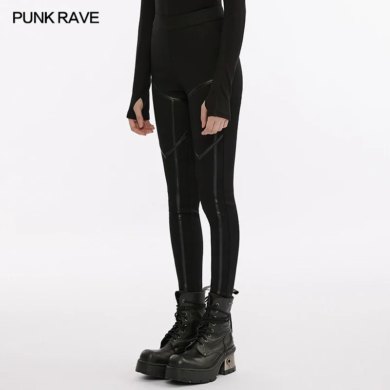 PUNK RAVE Women\'s Techwear Style Patchwork Elastic Tight Fit Leggings Punk Faux Leather Spliced Female Cool Pants Spring Autumn