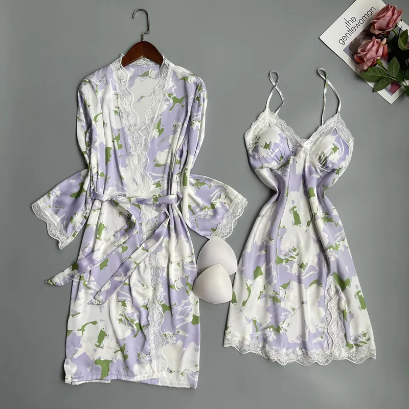 Twinset Lace Robe Set Women Sleepwear Nightgown New Female Kimono Bathrobe Gown Suit Sexy Spring Summer Silky Satin Home Dress