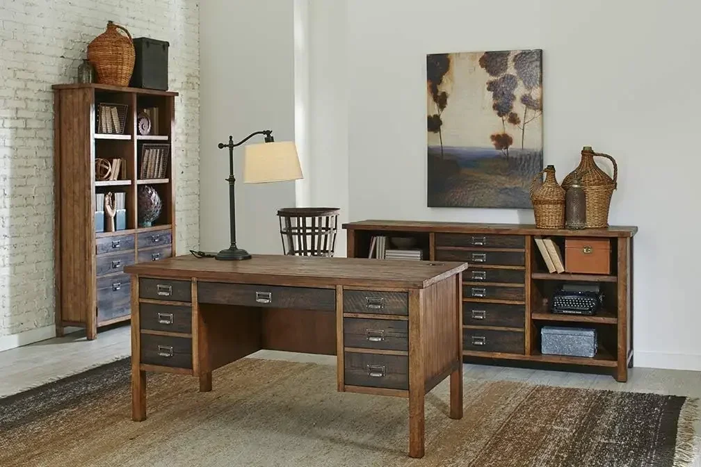 Heritage Half Pedestal Desk, Rough sawn texture with Hand applied hickory Finish on poplar solids & veneers, Two utility drawers