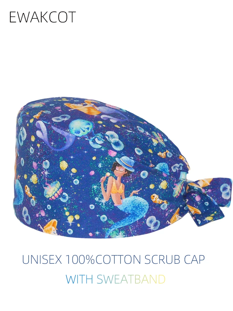 Women's cap mermaid print nurse hospital medical work hat bouffant cap adjustable Dental dentist hat surgical cap vet scrub caps