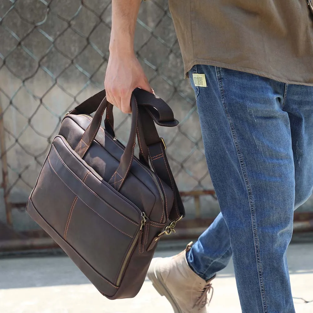 Vintage Echtleder Herren Aktentasche 15" Laptop-Tasche Arbeits- und Business-Herrentasche aus Crazy Horse Leder Schultertasche Handtasche – Detail 5