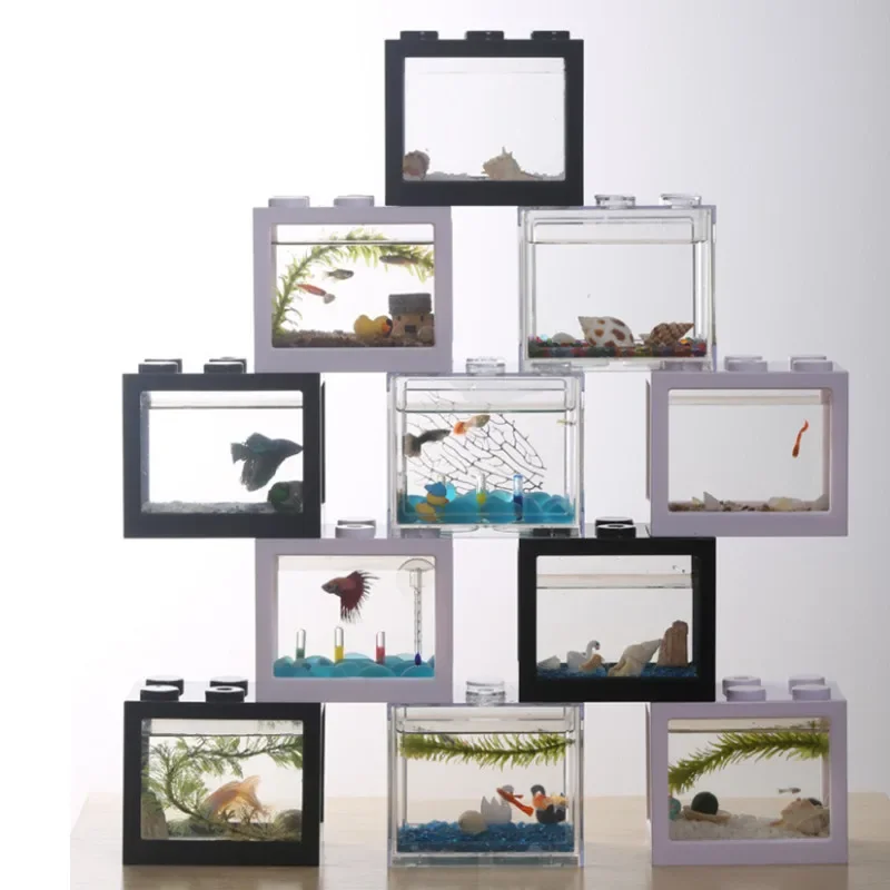 Mini Aquarium Fish Tank Creative Box Tank Stacked With Building Blocks Ecological Tank Bucket Seaweed Reptile Row Tank