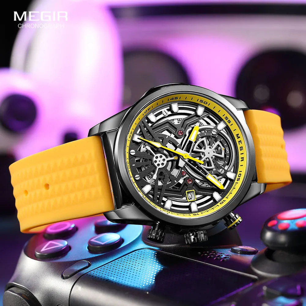 MEGIR Chronograph Quartz Watch Men Fashion Waterproof Yellow Silicone Strap Sport Wristwatch with Luminous Hands Auto Date 2235