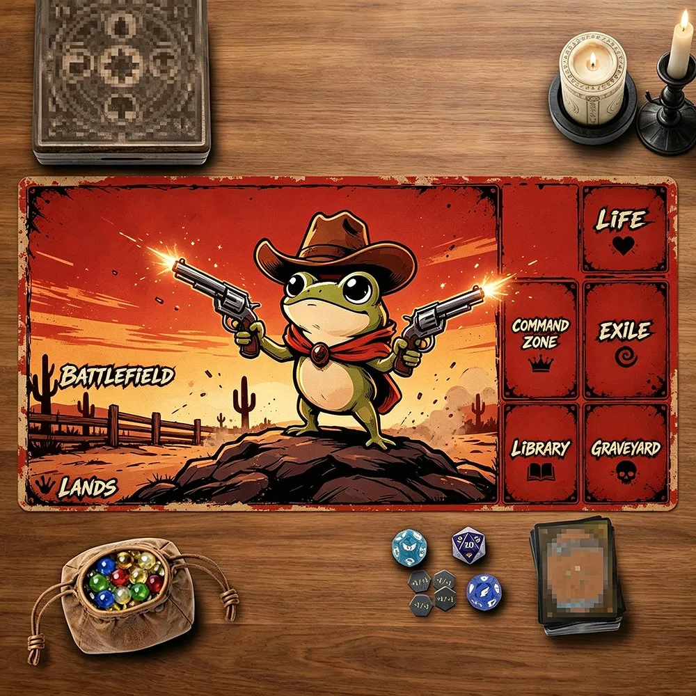Western Cowboy Frog Design MTG Playmat with Zones Non-Slip Durable Stitched Edge 35X60CM Commander Battle Mat Tapete Magic