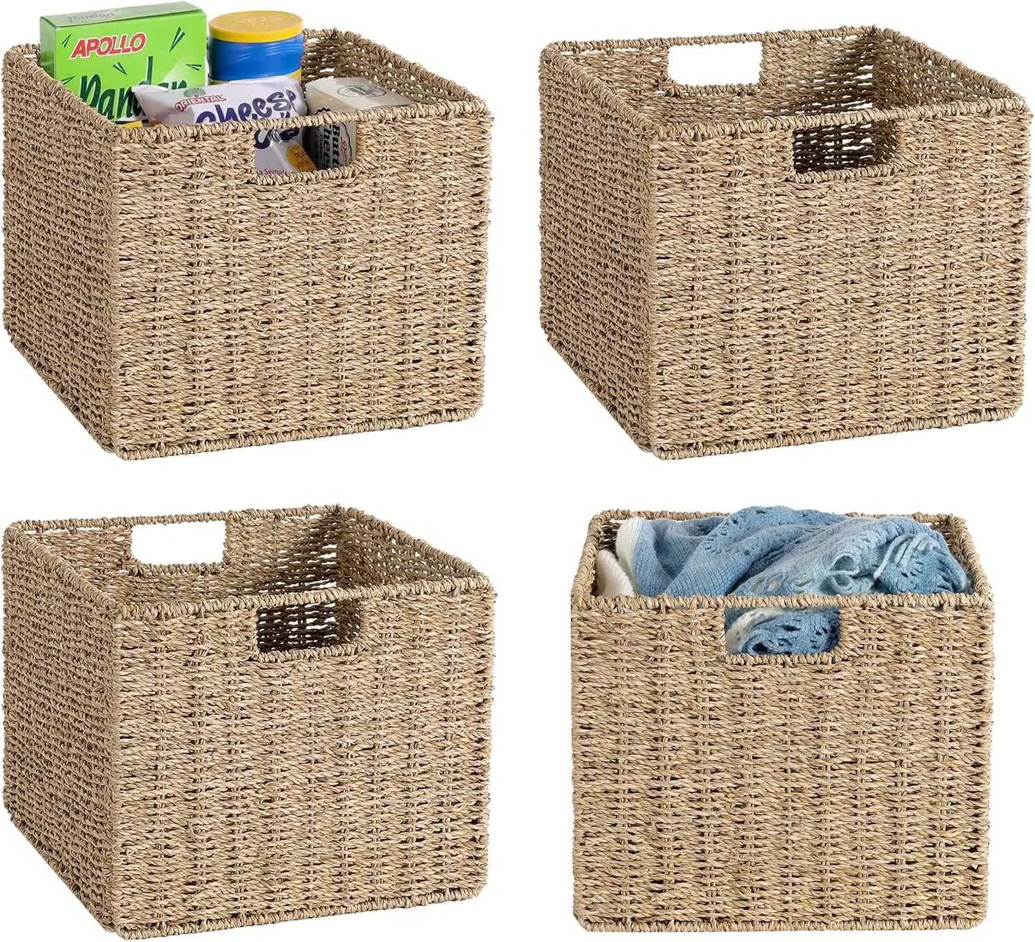 

Set of 4 Large Seagrass Storage Baskets, Foldable Wicker Cube Bins for Home Organization