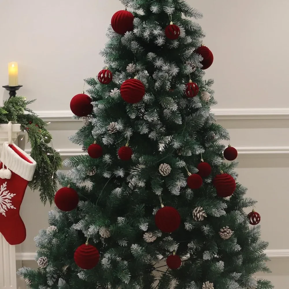 12 Adornos Navideños de Terciopelo - Bolas Rojas Flocadas con Cintas Doradas, Perfectas para Decoración de Árboles Navideños