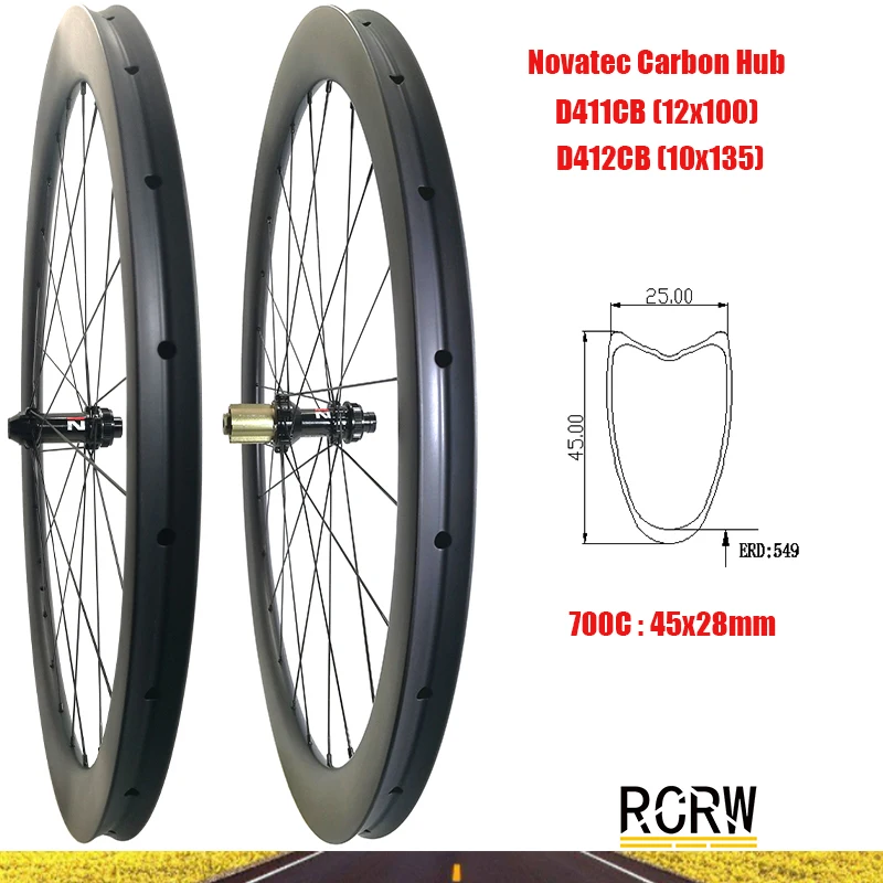 

700C Road 45x28mm Wheelset Carbon Rim 24H Tubular Deep 45 Wide 28 Novatec D411CB D412CB Center Lock Camp Hub Pillar Wing20 Spoke