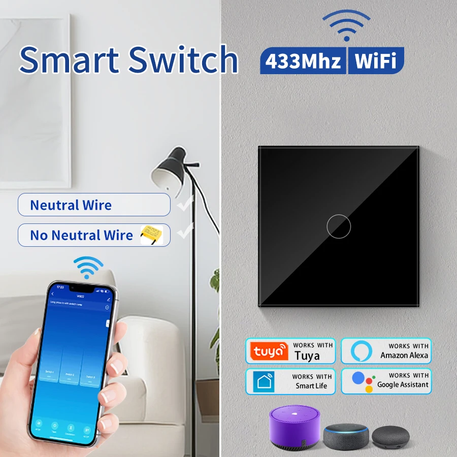 Tuya Smart WiFi Switch Work With Alexa Google Home No Neutral Wire Wireless 433Mhz Remote Touch Sensor Panel Switch 1/2/3Gang EU