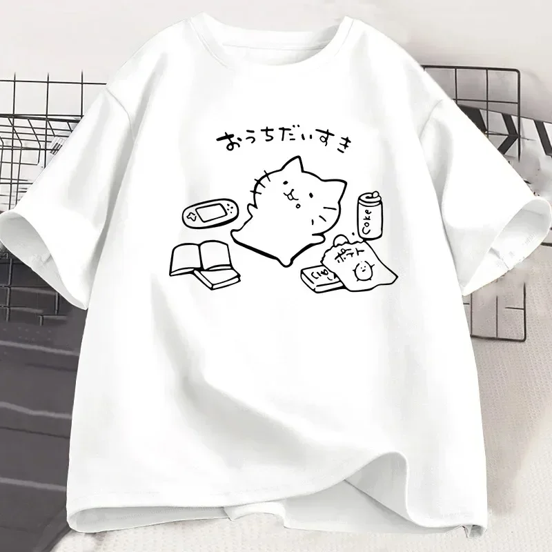 Japanese Style No Plan Cat Print T-shirt for Men Funny Short Sleeve Summer Tshirt Kawaii Kitty Cat Lover Tee Aesthetic Clothes