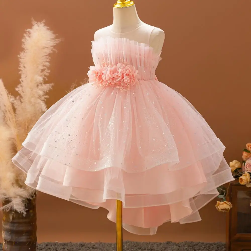 Spring and Summer Girls' New Solid Color Decal Sequin Sleeveless Mesh Trailing Princess Dress Wedding Flower Girl Dress