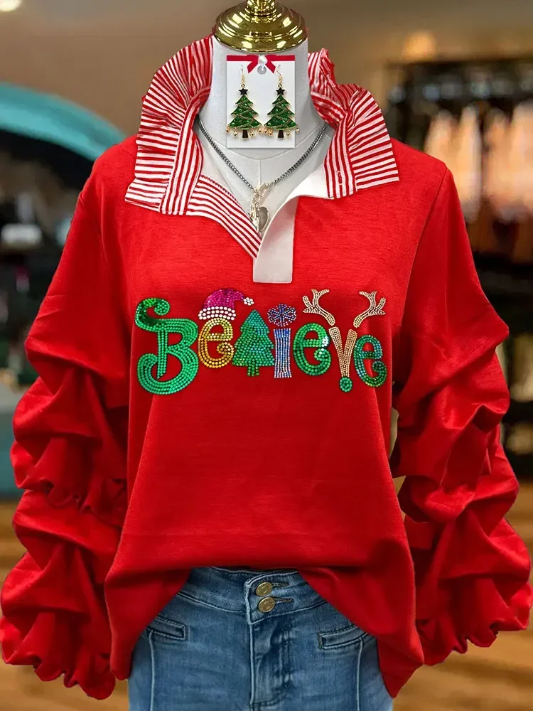 Sweet Christmas Sequin Pleated Top Women's Sweatshirt