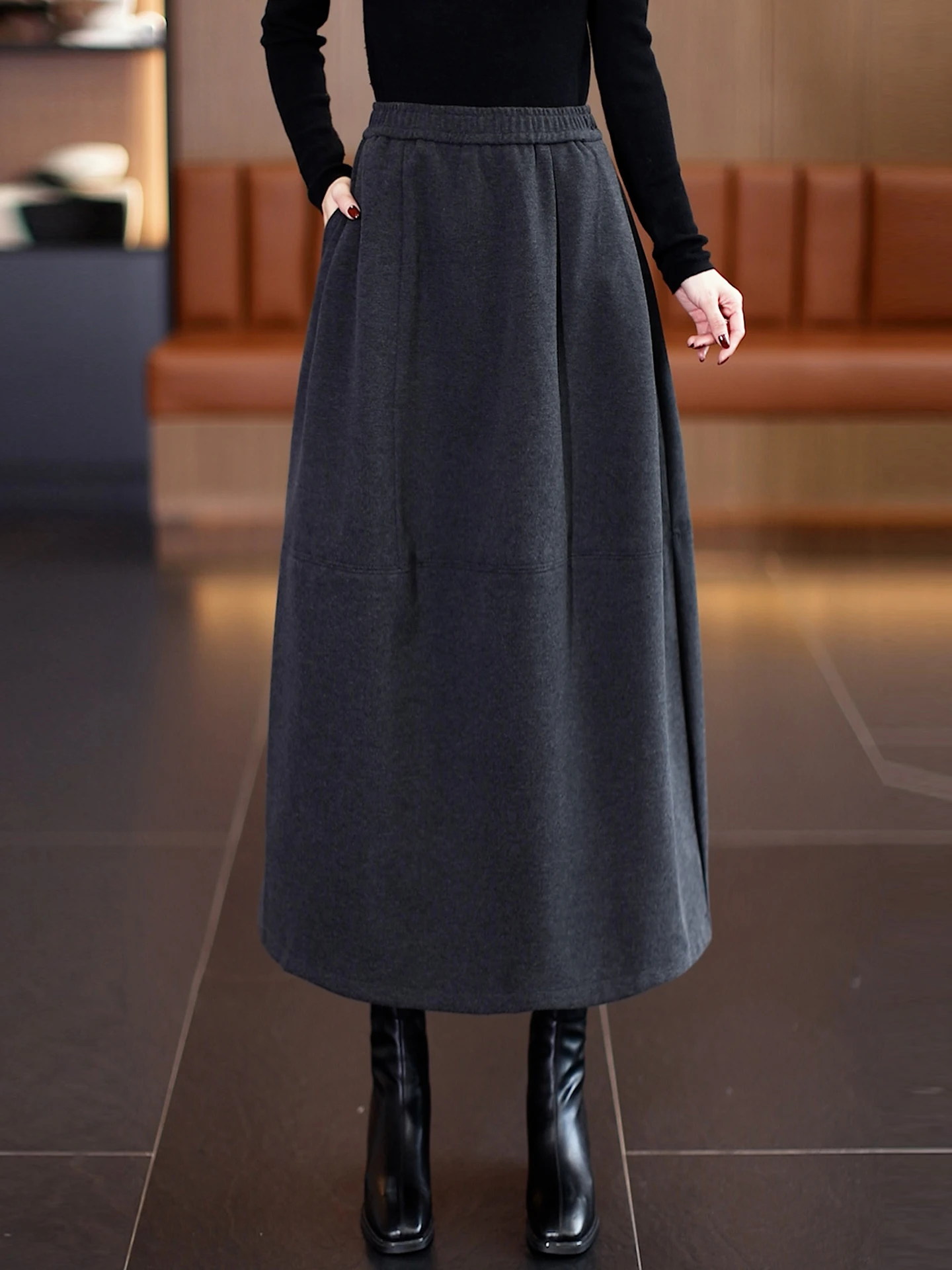 Gray Woolen High Waist Lantern Skirt Women's Autumn Winter Mid-Length A-Line Flower Bud Skirt Soft Comfortable Casual Style