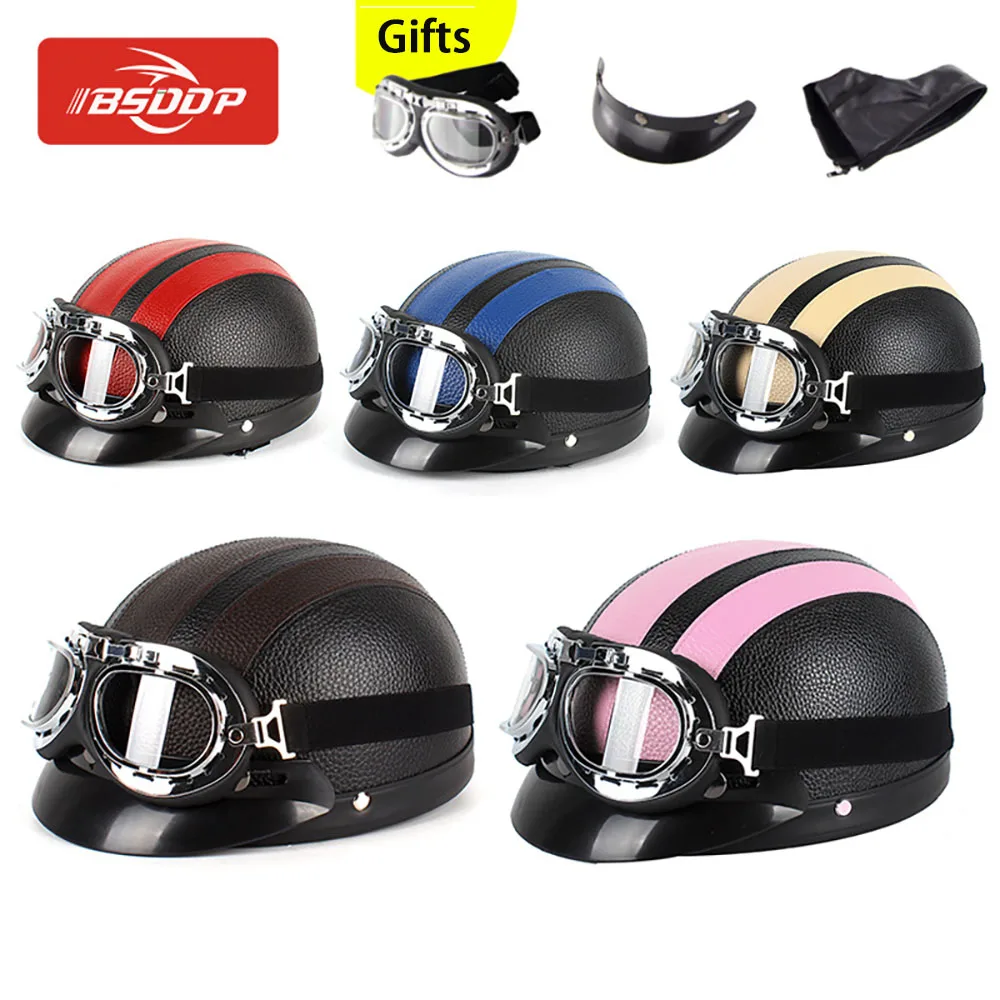 

Retro Motorcycle Helmet Classic Leather Open Face Half Helmet Scooter Electric Summer Helmets Mirror Visor UV Goggles Neck Guard