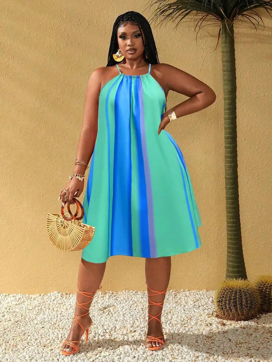 

Plus Size Womens Striped Halter Neck Summer Dress Vacation Resort Wear