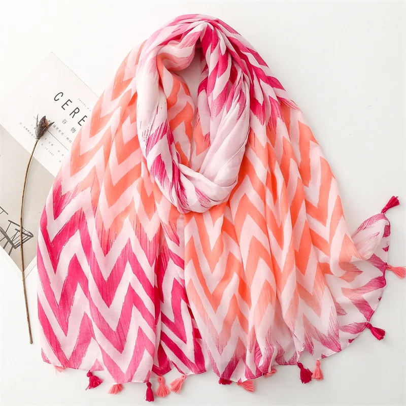 2024 Fashion Ombre Wave Striped Line Tassel Viscose Shawls Scarf High Quality Wrap Pashmina Stole Bufandas Muslim Hijab 180*90Cm