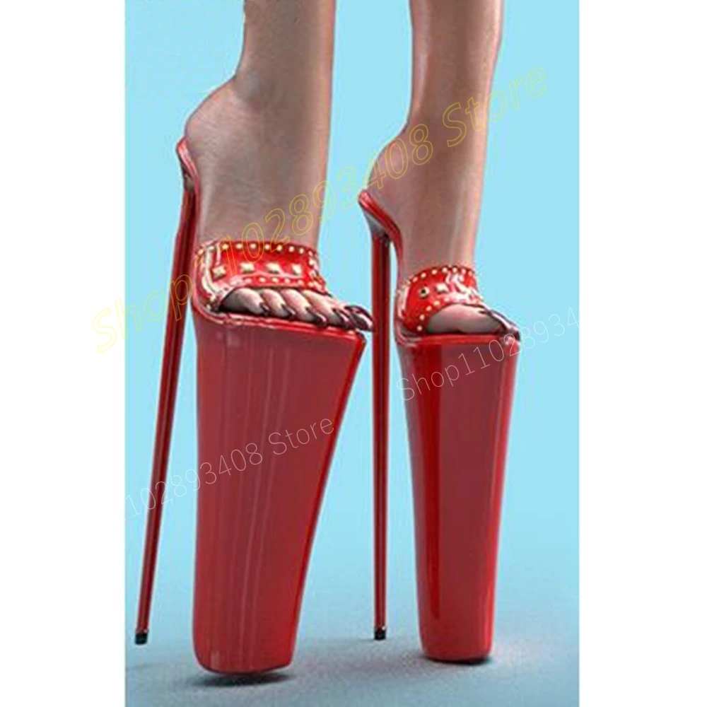 

Red Patent Leather Rivets Decor Slippers Peep Toe Platform Stiletto High Heel Fashion Sexy Women Shoes 2024 Zapatos Para Mujere