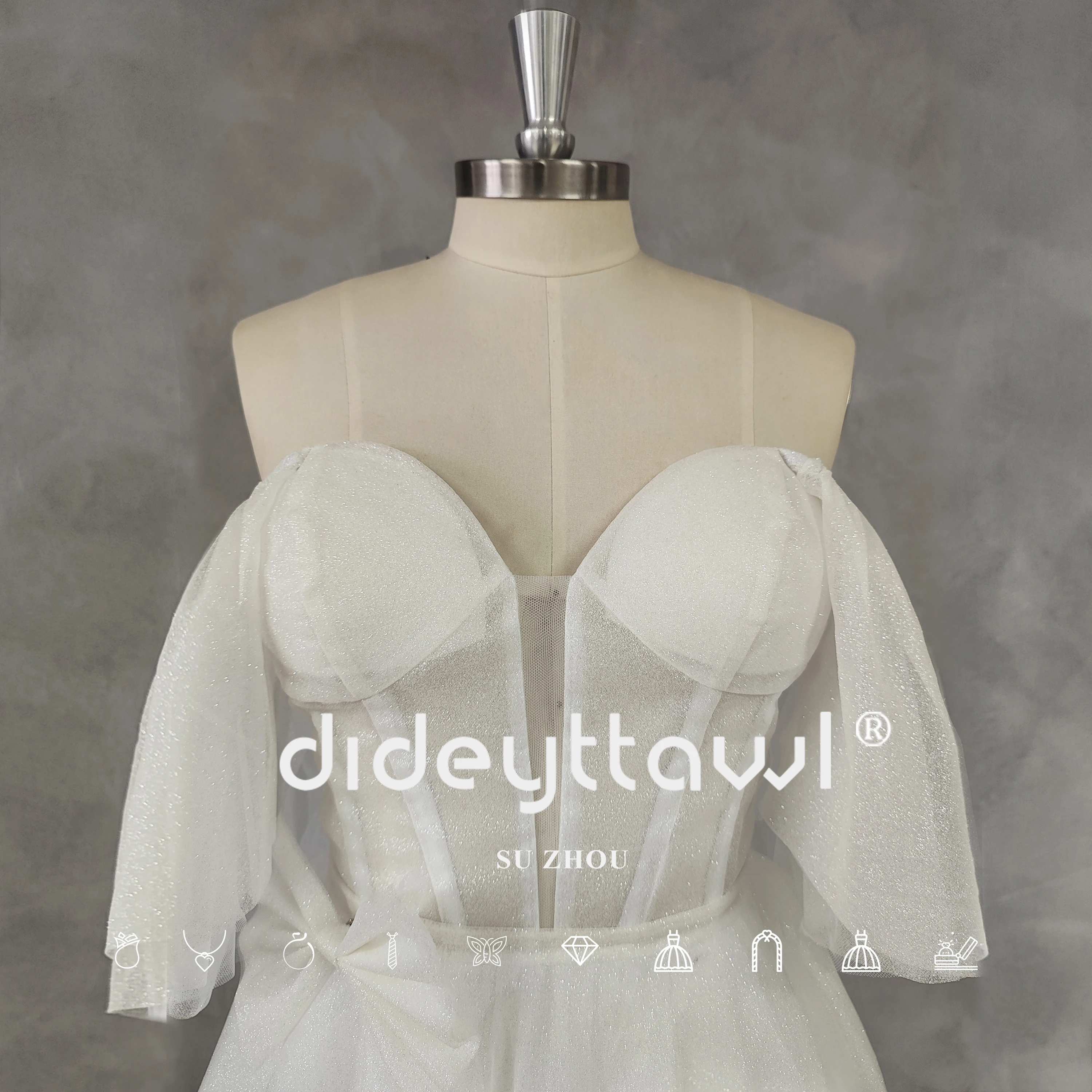 DIDEYTTAWL-Vestido de casamento curto, foto real, mangas, tule brilhante, linha A, laço para cima, comprimento mini, vestido de noiva, feito sob medida