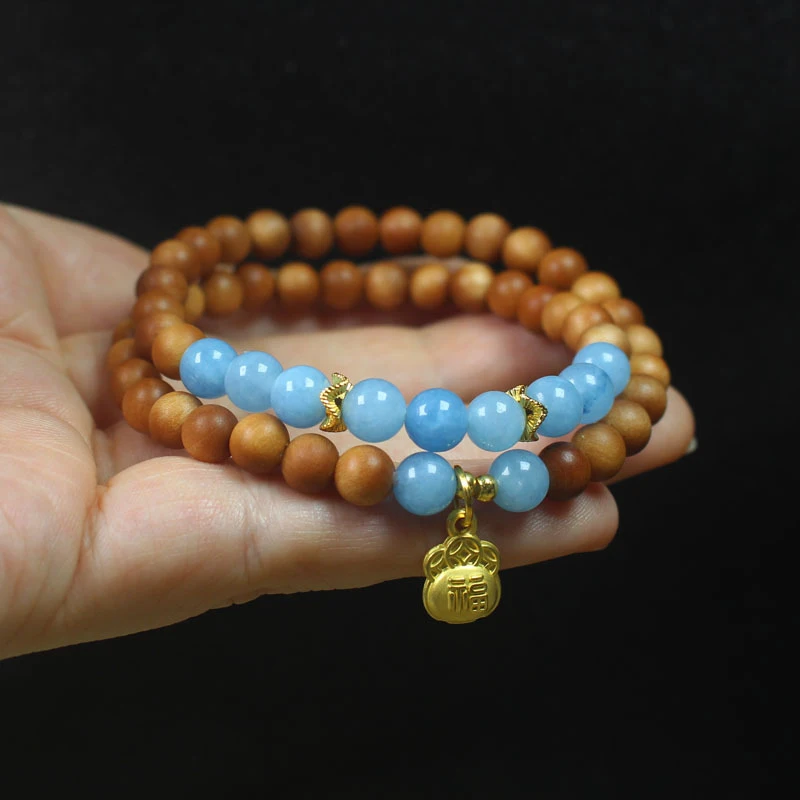 

Barbie Sandalwood 6mm Double Circle Bracelet Lucky Bag Bead Bracelet Women's Forest Style Cultural Jewelry Prayer Beads