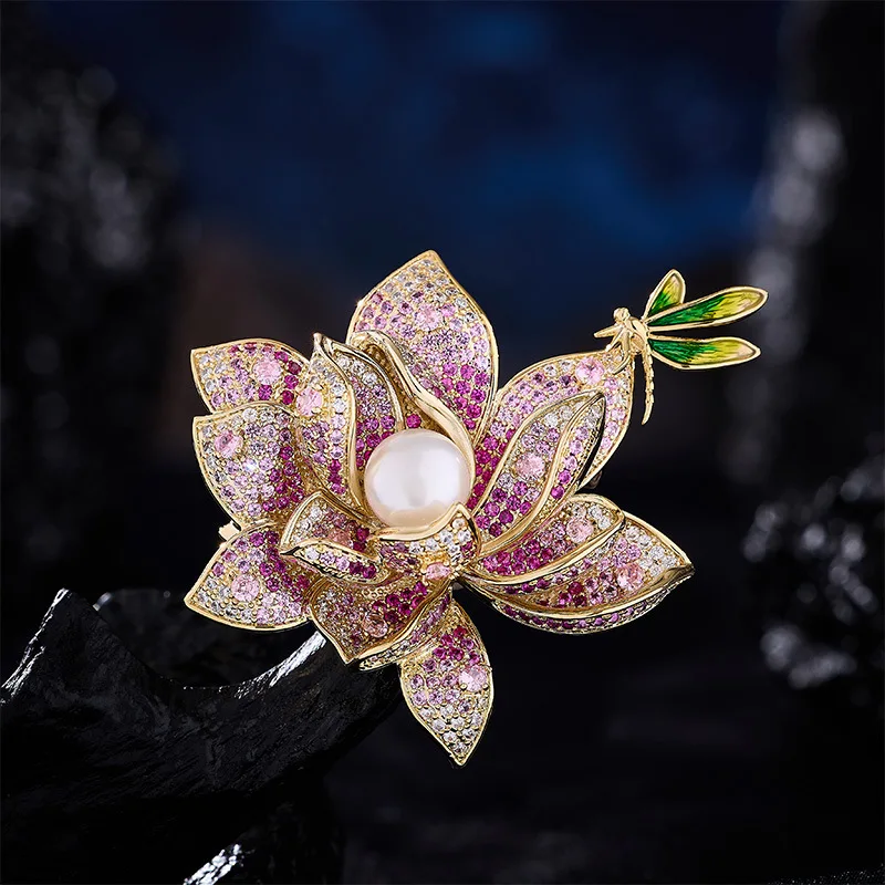 Chinese Style High-end Zircon Dragonfly Lotus Freshwater Pearl Plant Brooches Pins Luxury Cheongsam Enamel Iris Flower Corsage