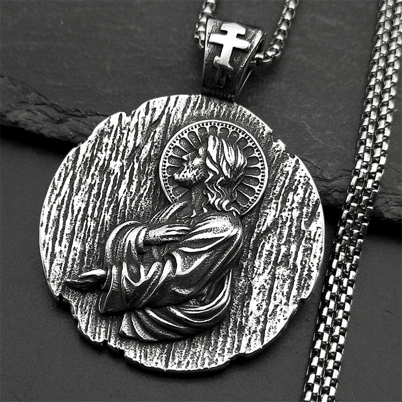 Christian Jesus Runde Medaille Anhänger Halskette für Frauen Männer Edelstahl Silber Farbe Kette Schutz Amulett Schmuck Geschenk