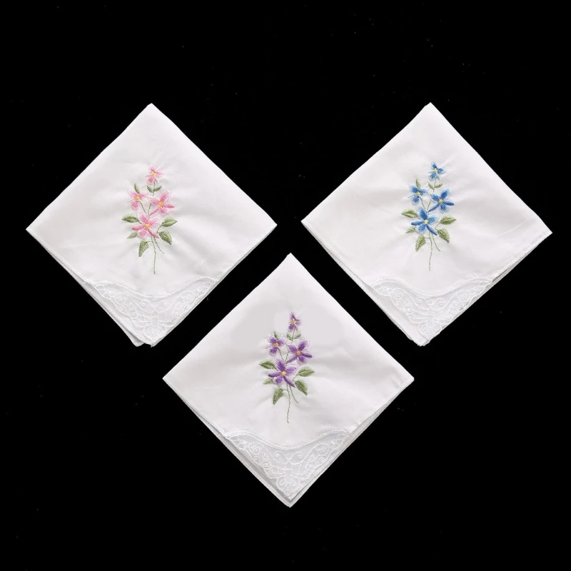 Ladies Cotton Embroidery Handkerchiefs Womens Soft Solid Candy Color Flowers Lace Edging Hankies for Wedding Party