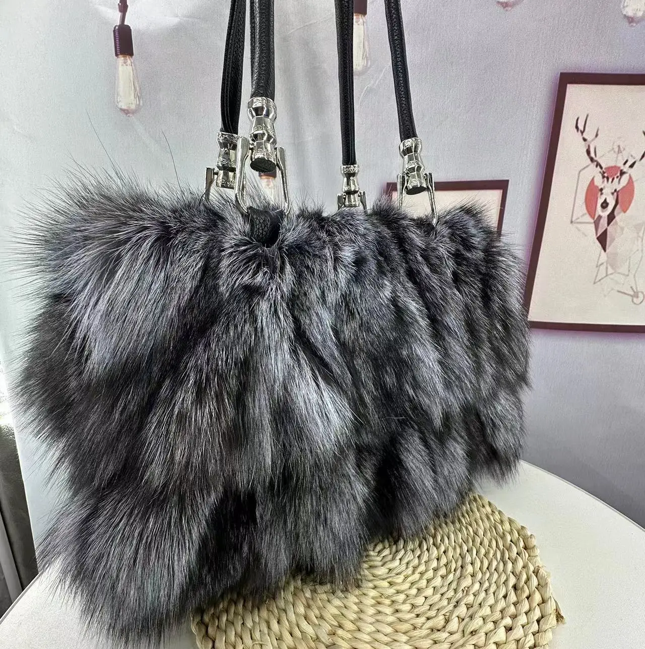 Large Genuine Fox Fur Tote Bag Women's Shoulder Bag