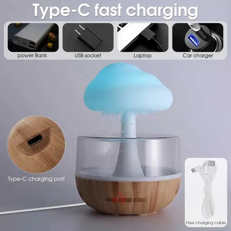 2026 New Upgrade Rain Cloud Humidifier Rain Colorful Mushroom Cloud Raindrop Atmosphere Lamp Night Light Essential Oil Small Aro