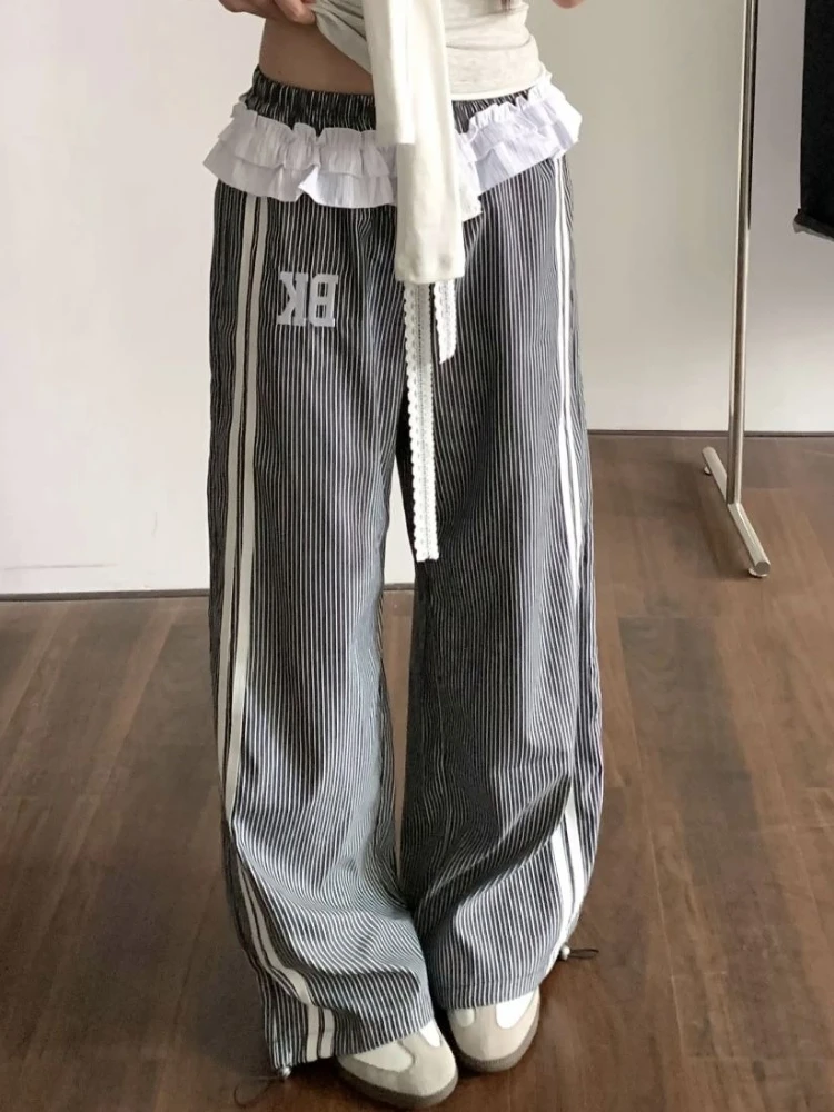 

HOUZHOU Vintage Striped Pants Women Sweet Patchwork Y2k Wide Leg Trousers Korean Style Streetwear Casual Baggy Pants Aesthetics