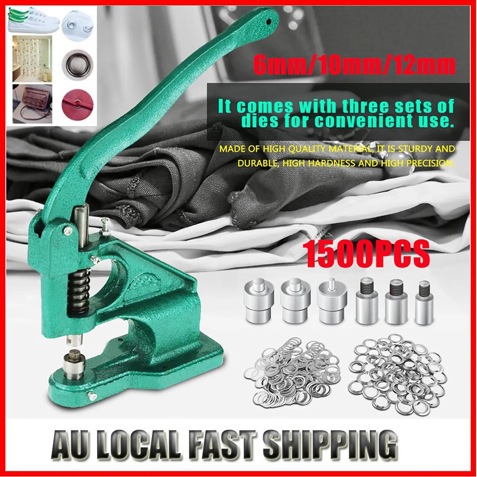 Hand Press Grommet Eyelet Machine with 3 Dies & 1500pcs Grommets 6/10/12mm Rivet Press Machine