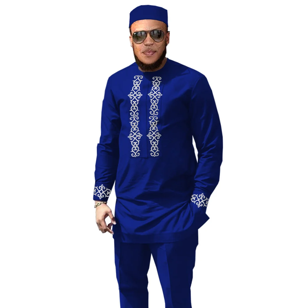 

African Men Clothing for Party Wedding Dashiki Printed Coats Ankara Pants and Hat 3 Piece Set Tribal Suit Wax Offical Prom Set