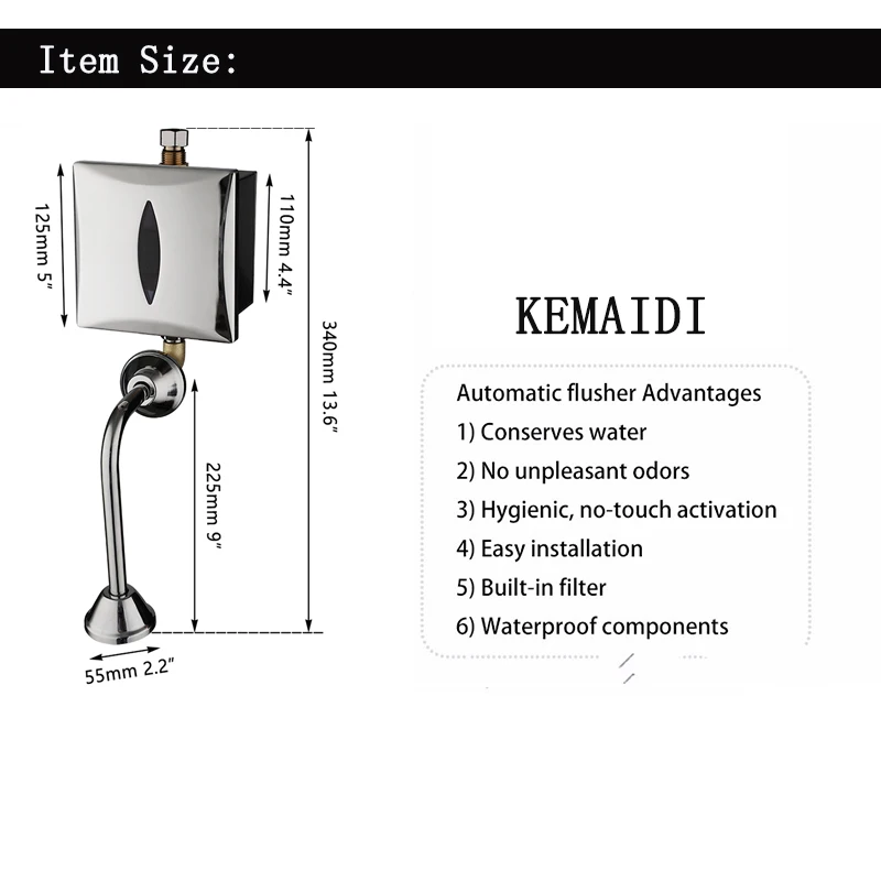 KEMAIDI Toilet Automatic Flush Valve Sensor Chrome  Urinal Wall Mounted Touch Faucet Bathroom Toilet Urine Sensor Black