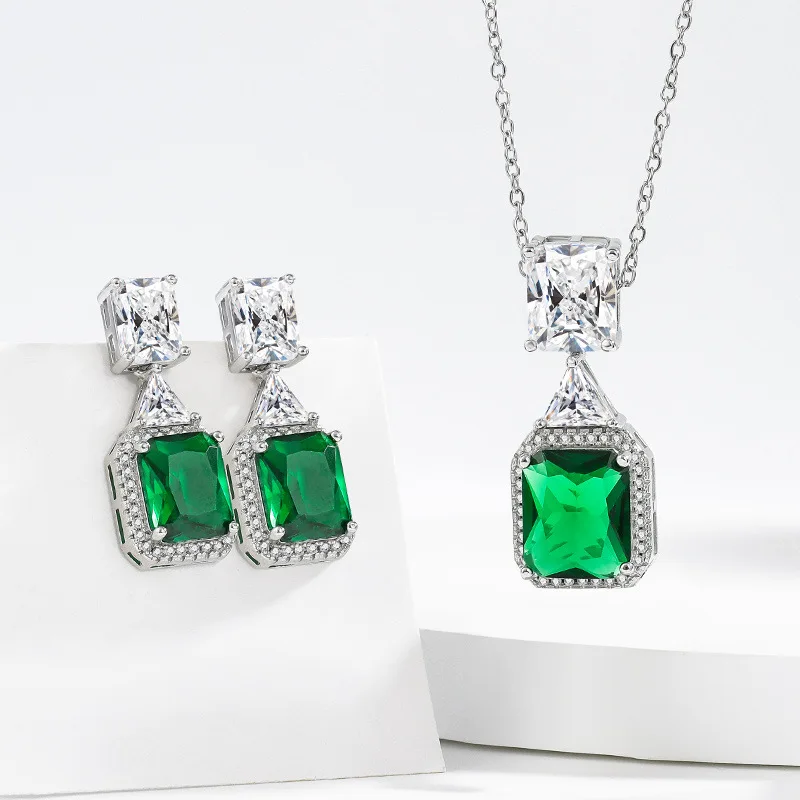 2026 Korean-style square emerald fashion pendant necklace and earrings set for ladies - two-piece jewelry set