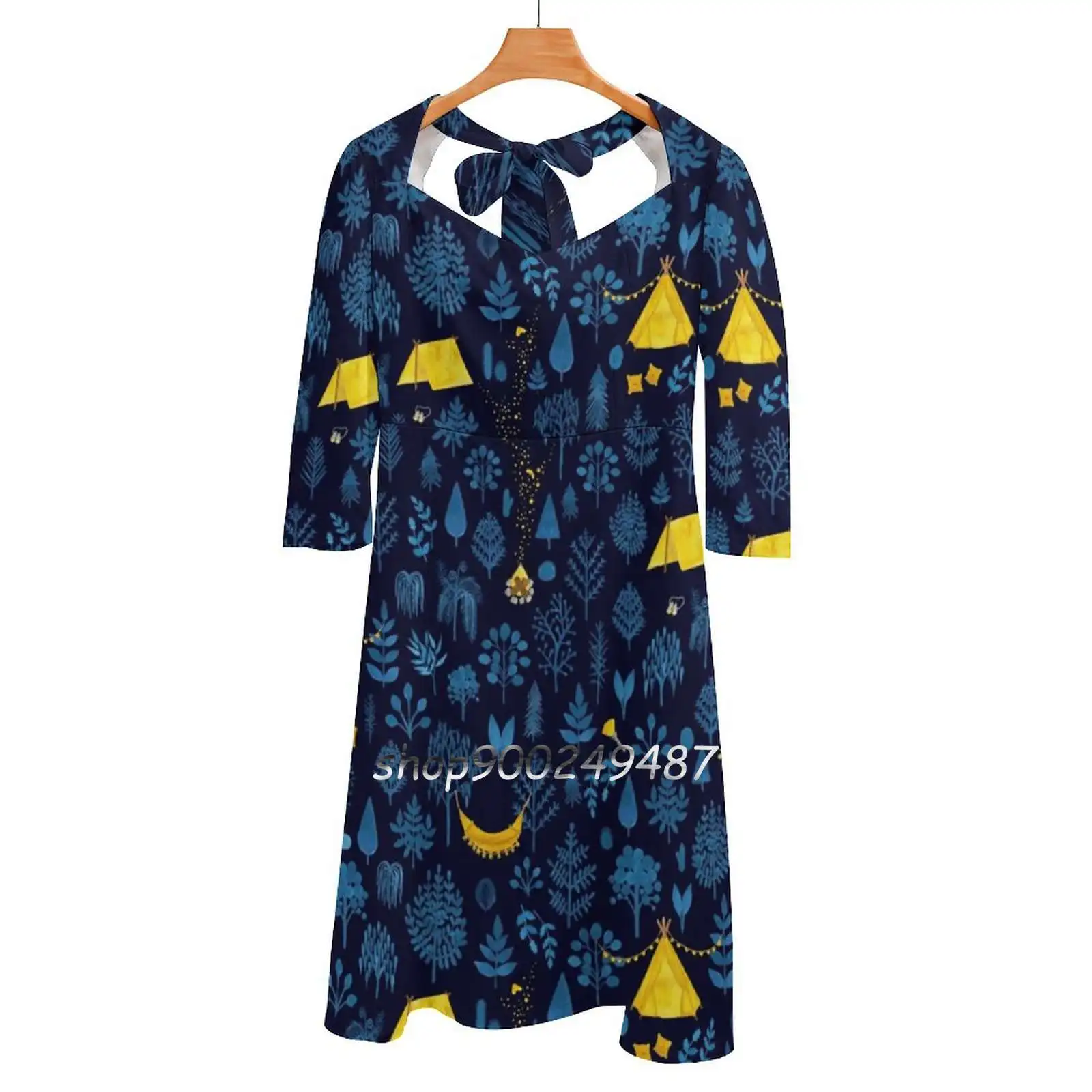 Glamping-Navy Sweet Elegant Dress Women Korean Kawaii Square Collar Dress Make Merriness Camping Glamping Outdoors Tent Forest