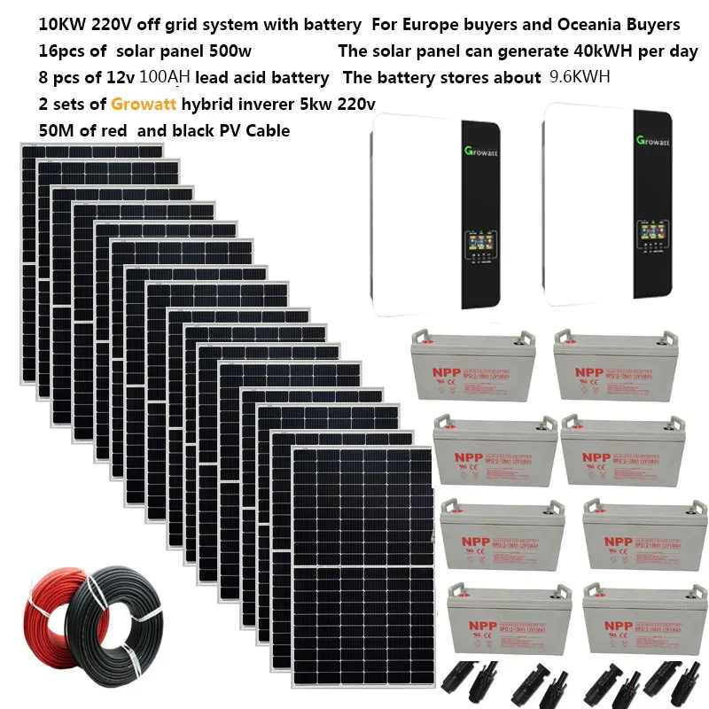 Solar System Complete 10000 w 10000W 10KW 220V Solar Panel 500W Growatt Hybrid Inverter Gel Battery Off Grid Home Farm House