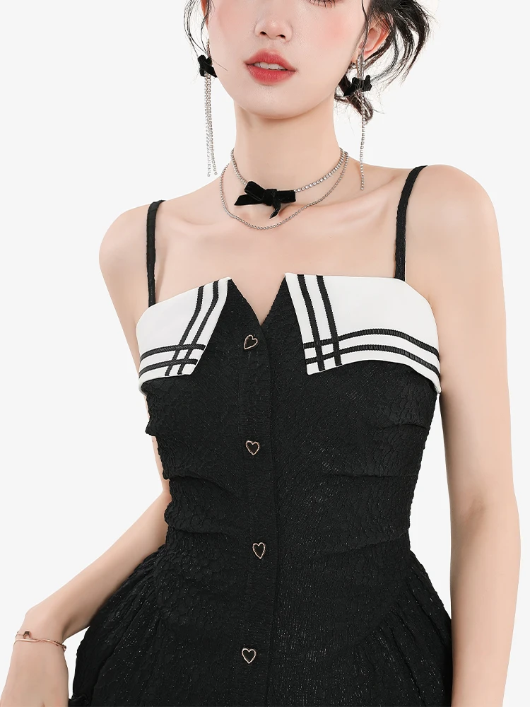 Women's DressBlack Stitching Fashionable Retro French Lapel Straps Sleeveless Short Sweet Jacquard Spring and Summer Waist-Tight